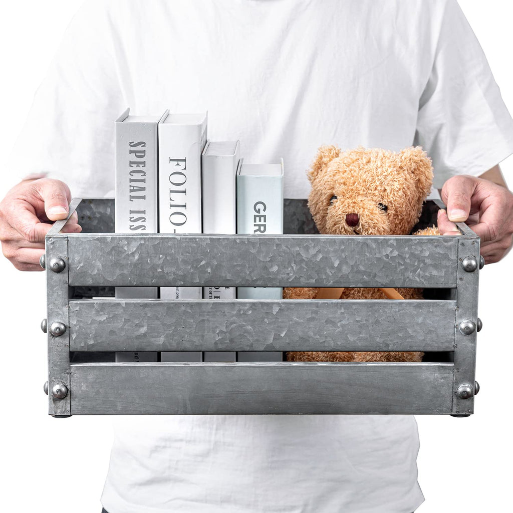 16-inch Rustic Silver Galvanized Metal Storage Crate Display Box with Vintage Corner Studs & Handles