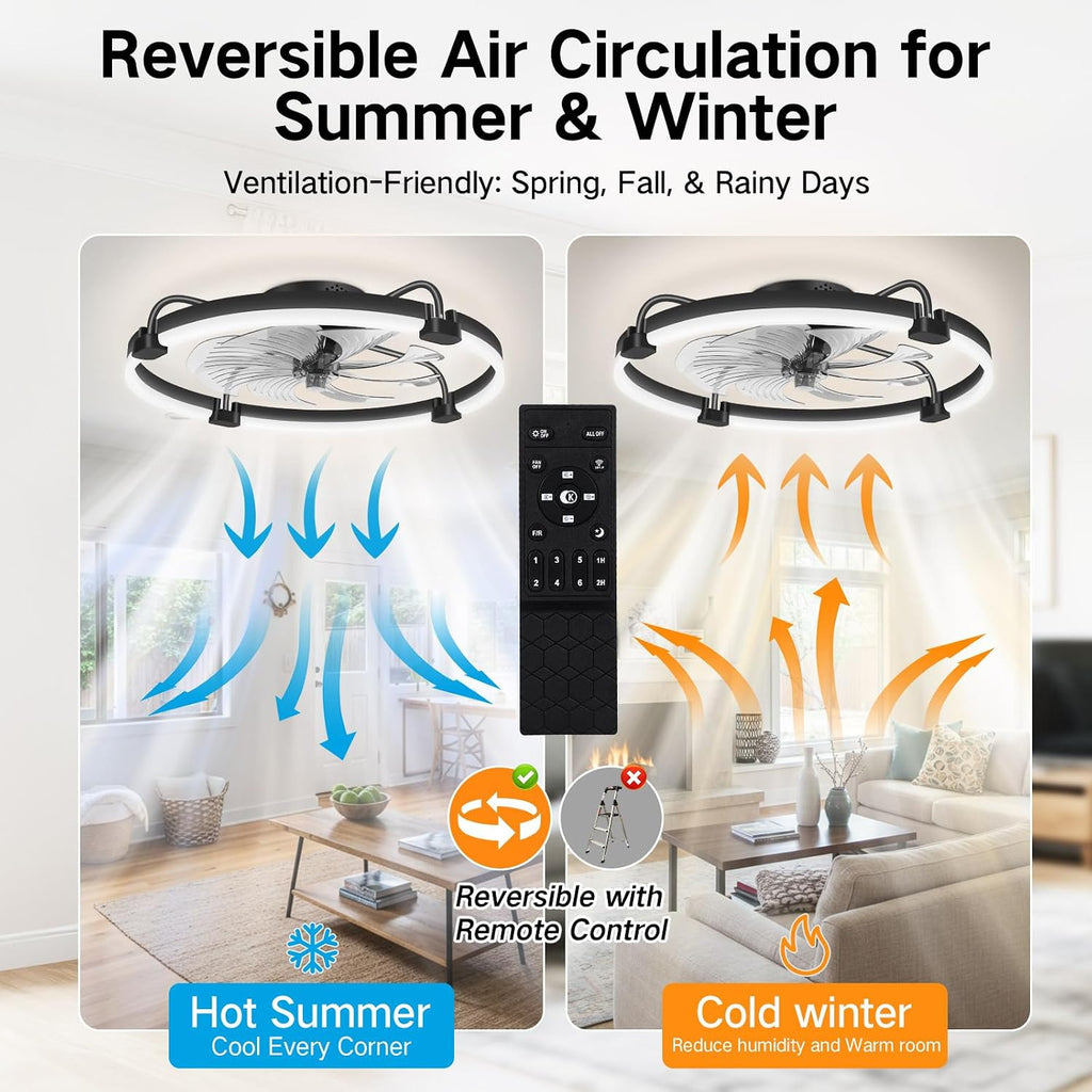 24" Ceiling Fan with Light, Remote & App Control, Fandelier Low Profile Flush Mount Ceiling Fan with 3000K-6500K