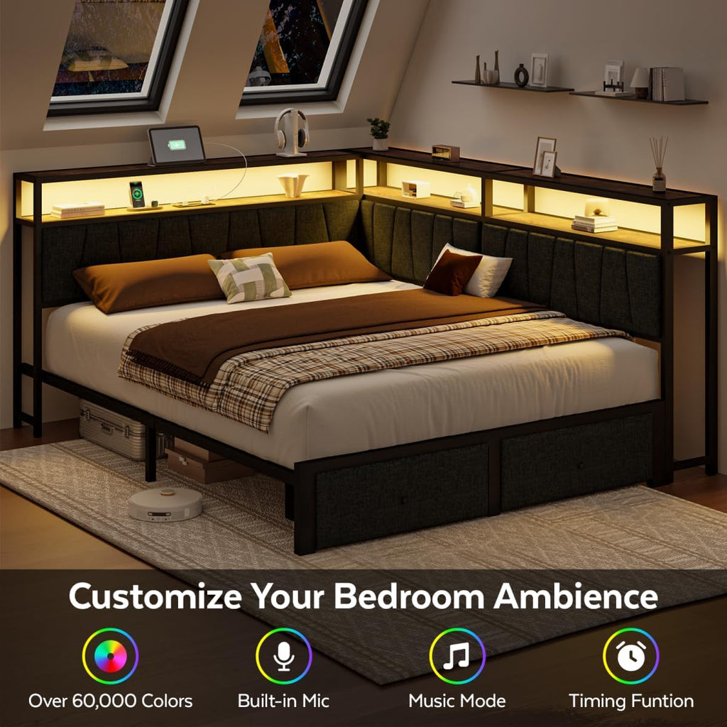 Queen Corner Bed Frame with Storage Drawers, Modern Daybed with LED Lights and Charging Station, Metal Platform Bed