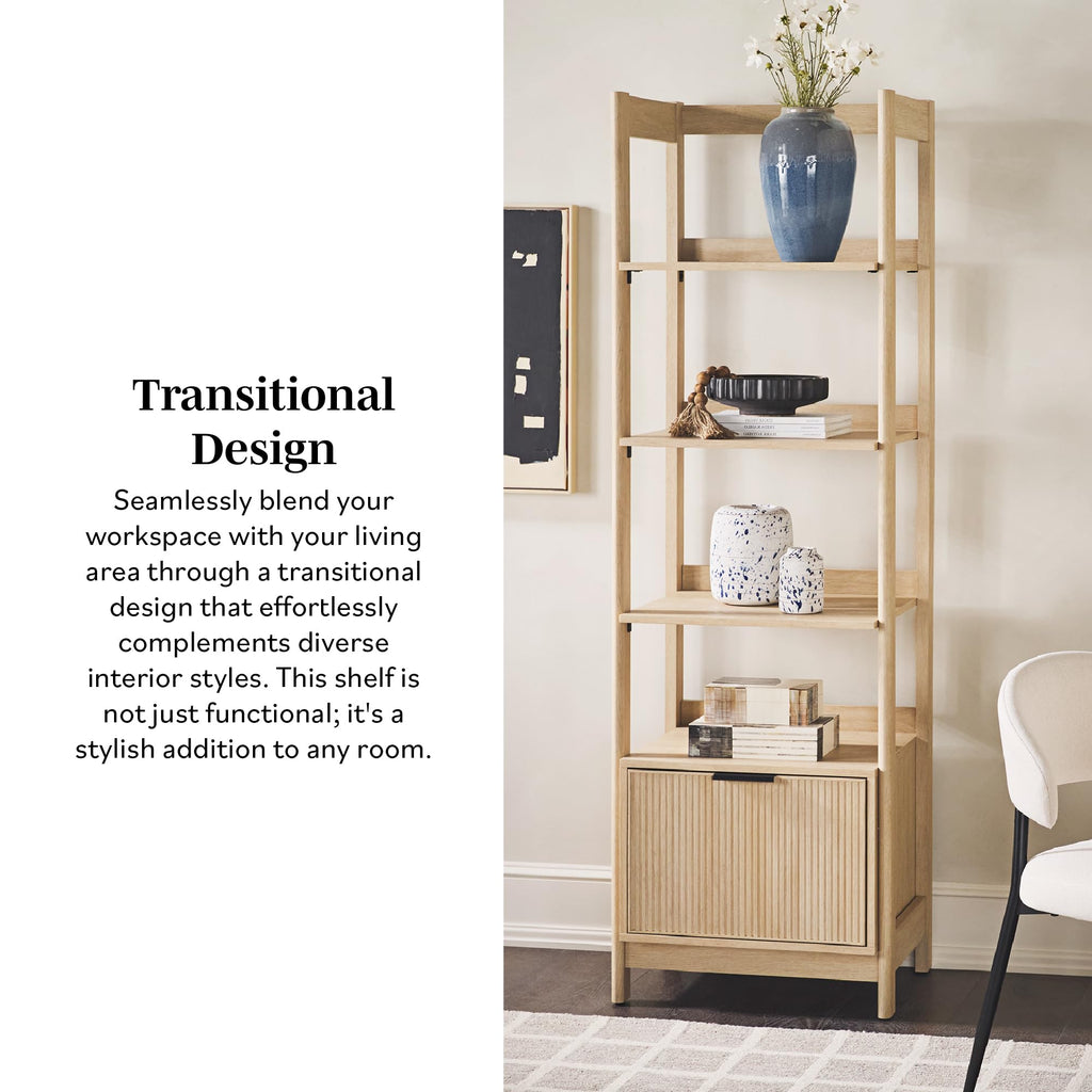Transitional Reeded Narrow Open Bookshelf with Drawer on Bottom, 4-Shelf Bookcase with Bottom Storage, 22"W x