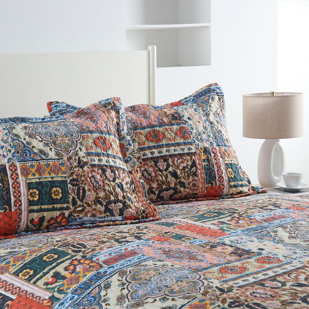 Cotton Bedspread Bohemain Quilt Sets, Reversible Coverlet Lightweight Comforters with 2 Shams, Vintage Farmhouse