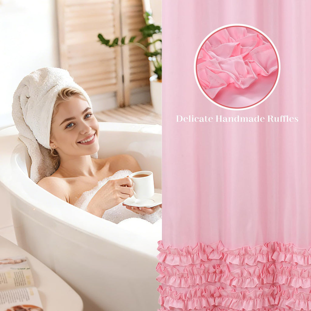 Ruffle, Pink Girls Women Fabric with Delicate Handcrafted Ruffles, Waterproof Ruched Farmhouse Decorative Bathroom