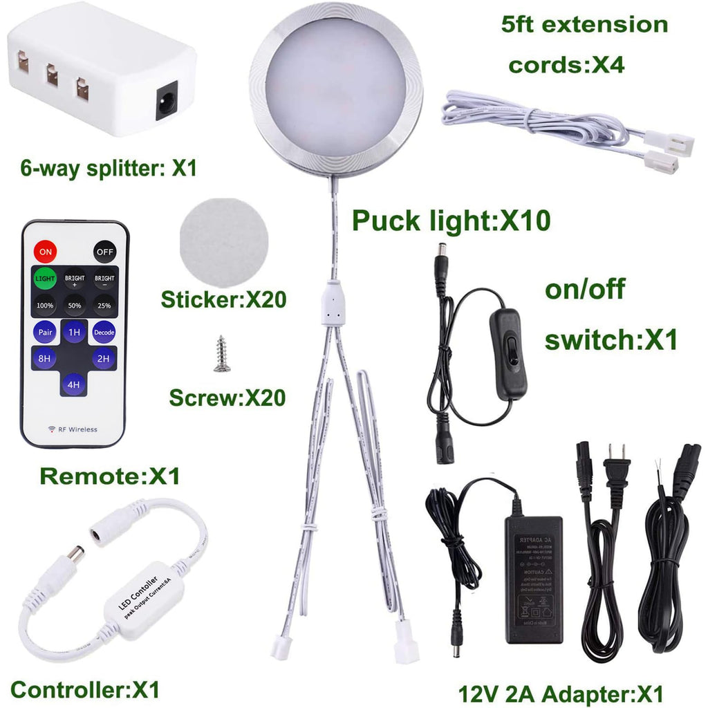 Linkable Under Cabinet LED Lighting 12V Dimmable Puck Lights with Wireless RF Remote Control, Hardwired & Wall Plug