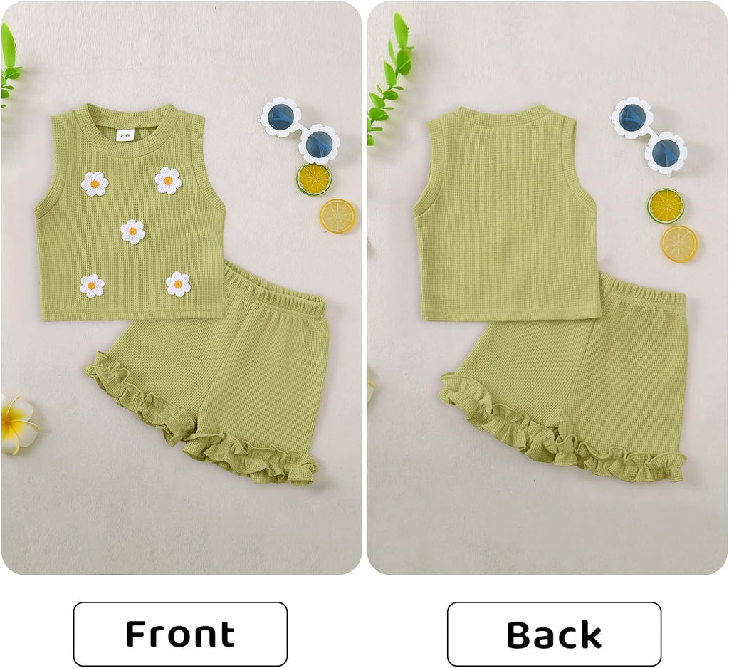 Toddler Baby Girl Outfits Floral Summer Clothes Waffle Sleeveless Tops Ruffle Shorts Cute Infant Spring Clothes Set