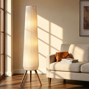 61'' Oatmeal Fabric Pleated Floor Lamp, Walnut Wood Tripod Base