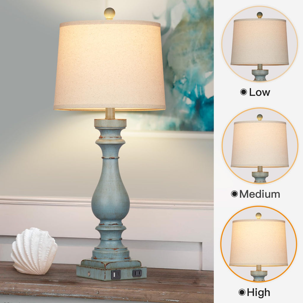 29" Tall Coastal Lamp, Retro-Blue Vintage Bedside Nightstand Lamps with USB Charging Ports A/C, 3-Way Dimmable Touch