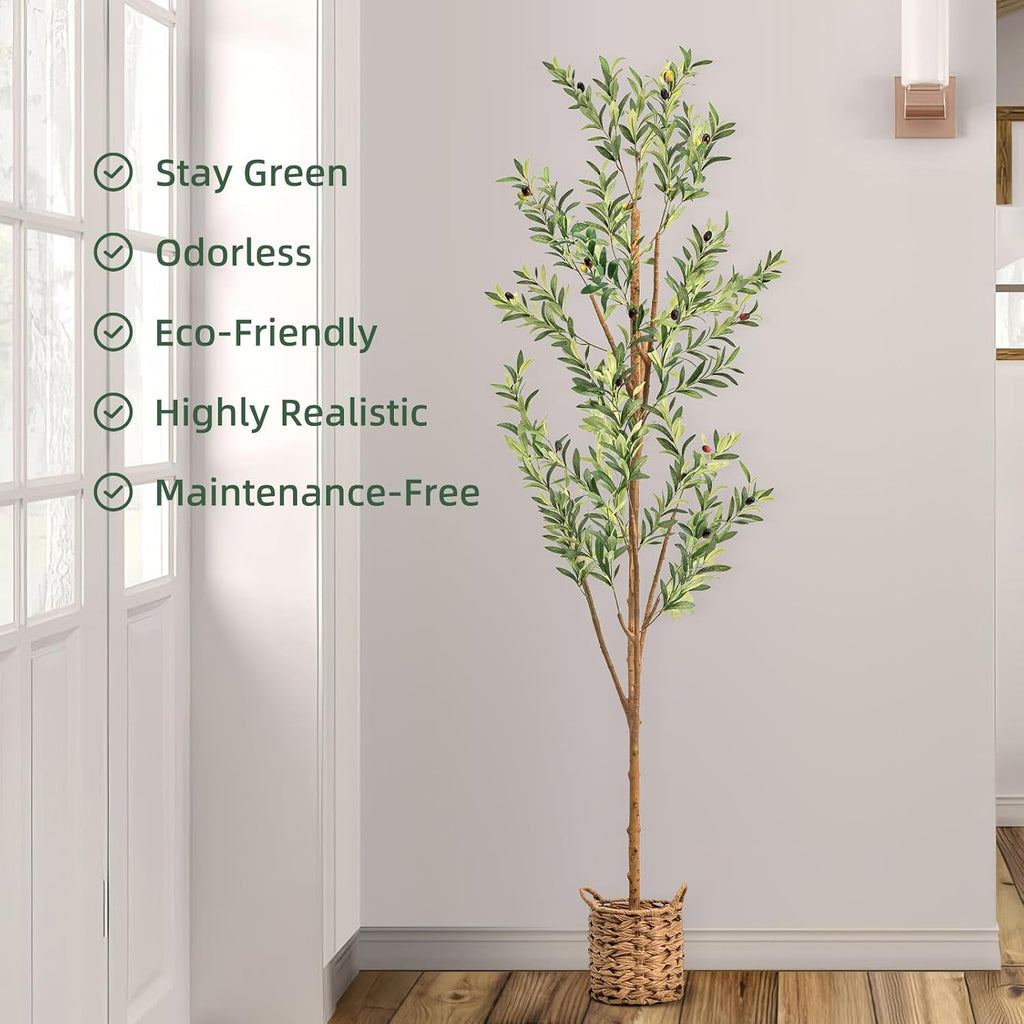 6ft Artificial Olive Tree with LED Fairy Lights, Tall Faux Potted Plant with Woven Basket - Natural Wooden Trunk &