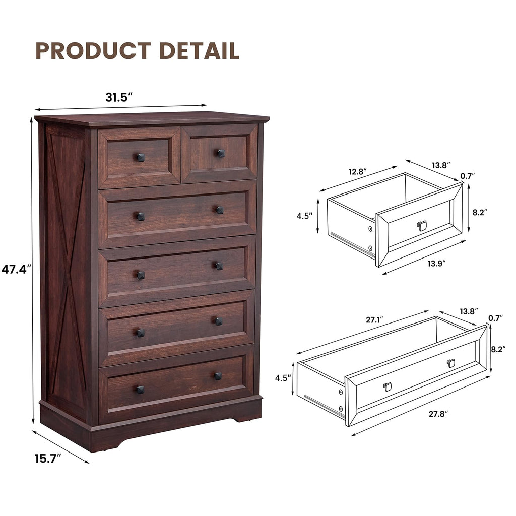 Farmhouse 6 Drawers Chests, Dark Cherry Red Wood