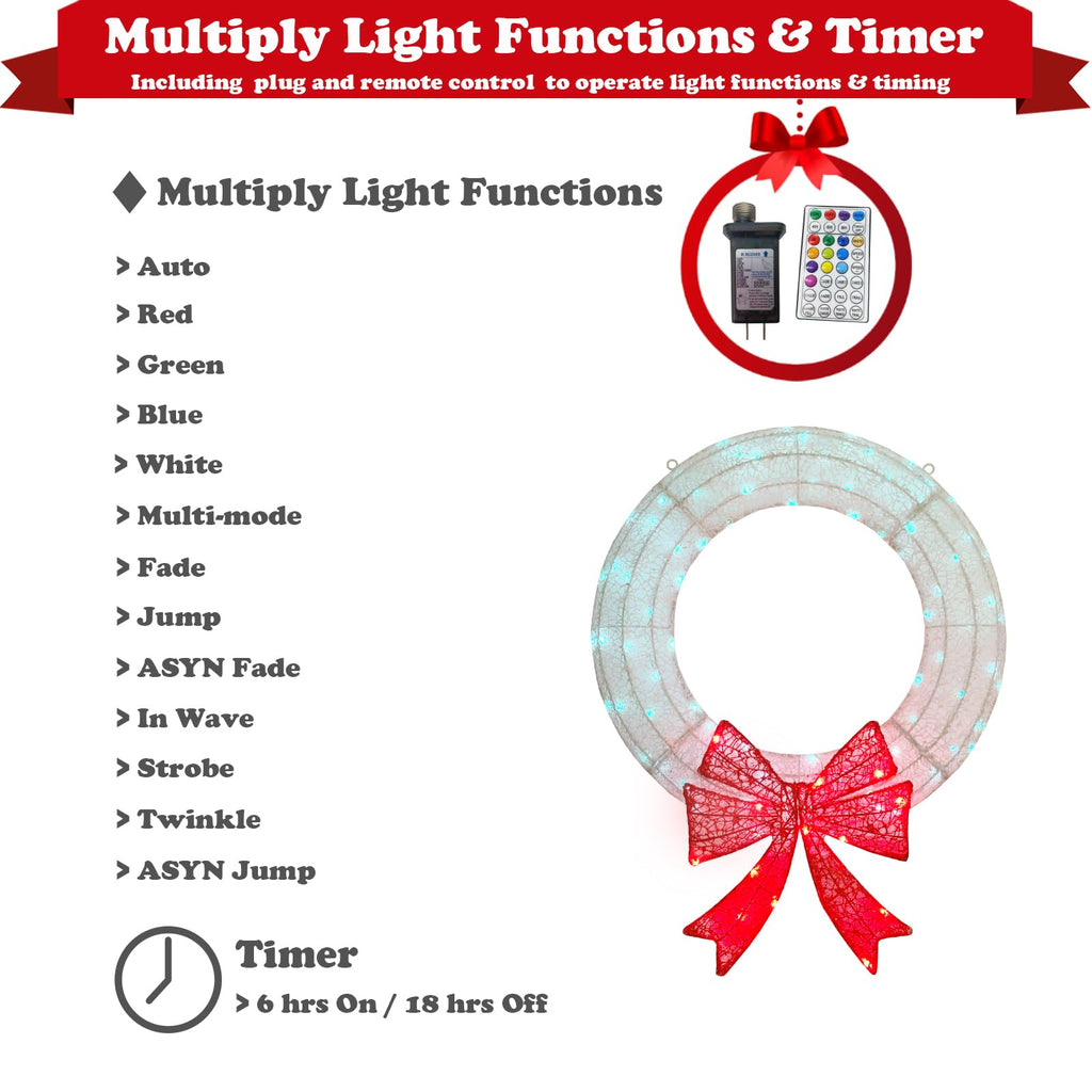 Lighted Wreath Christmas Outdoor Decorations, 24in Small Christmas Outdoor Lights Wreaths 110 Multi-Color Changing