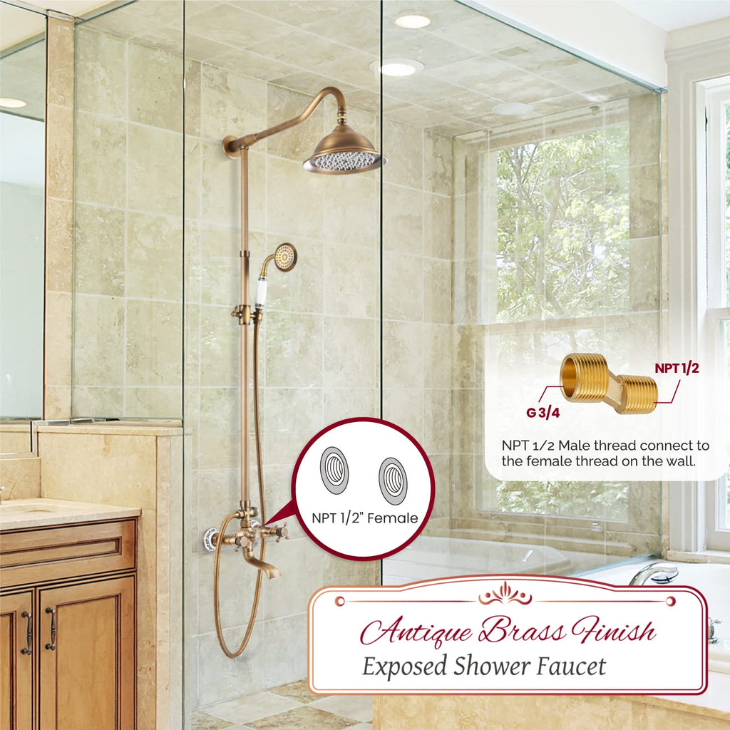 Vintage Exposed Shower Faucet Set with Tub Spout,Antique Brass