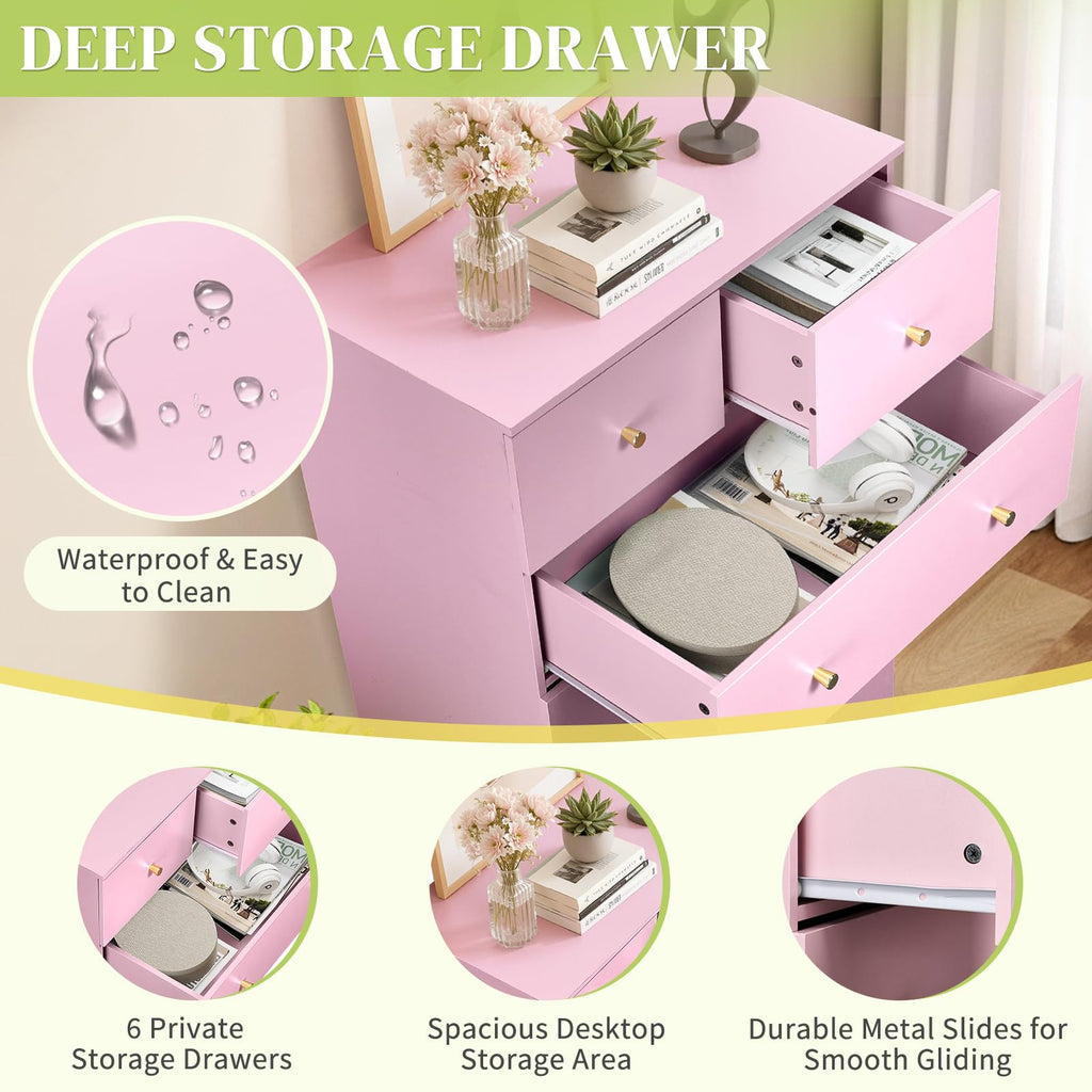 Pink 6 Drawer Dresser, Rose Gold Handle Modern Bedroom Chest