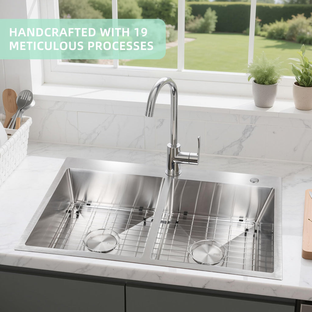 33 Inch Drop In Double Bowl Kitchen Sink 50/50-16 Gauge Stainless Steel Overmount Kitchen Sink 33x22 with