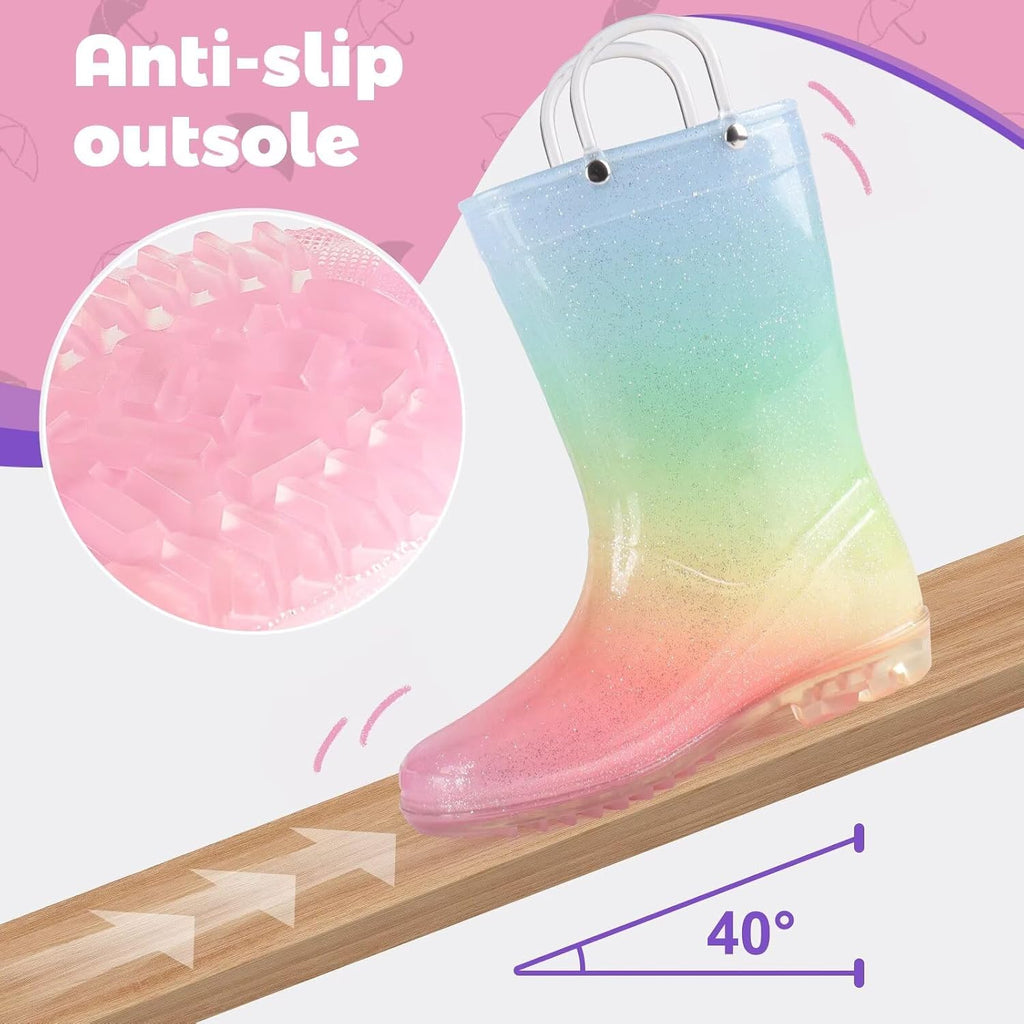 Kids Glitter Rain Boots Girls Waterproof Rain Shoes with Easy-on Handles