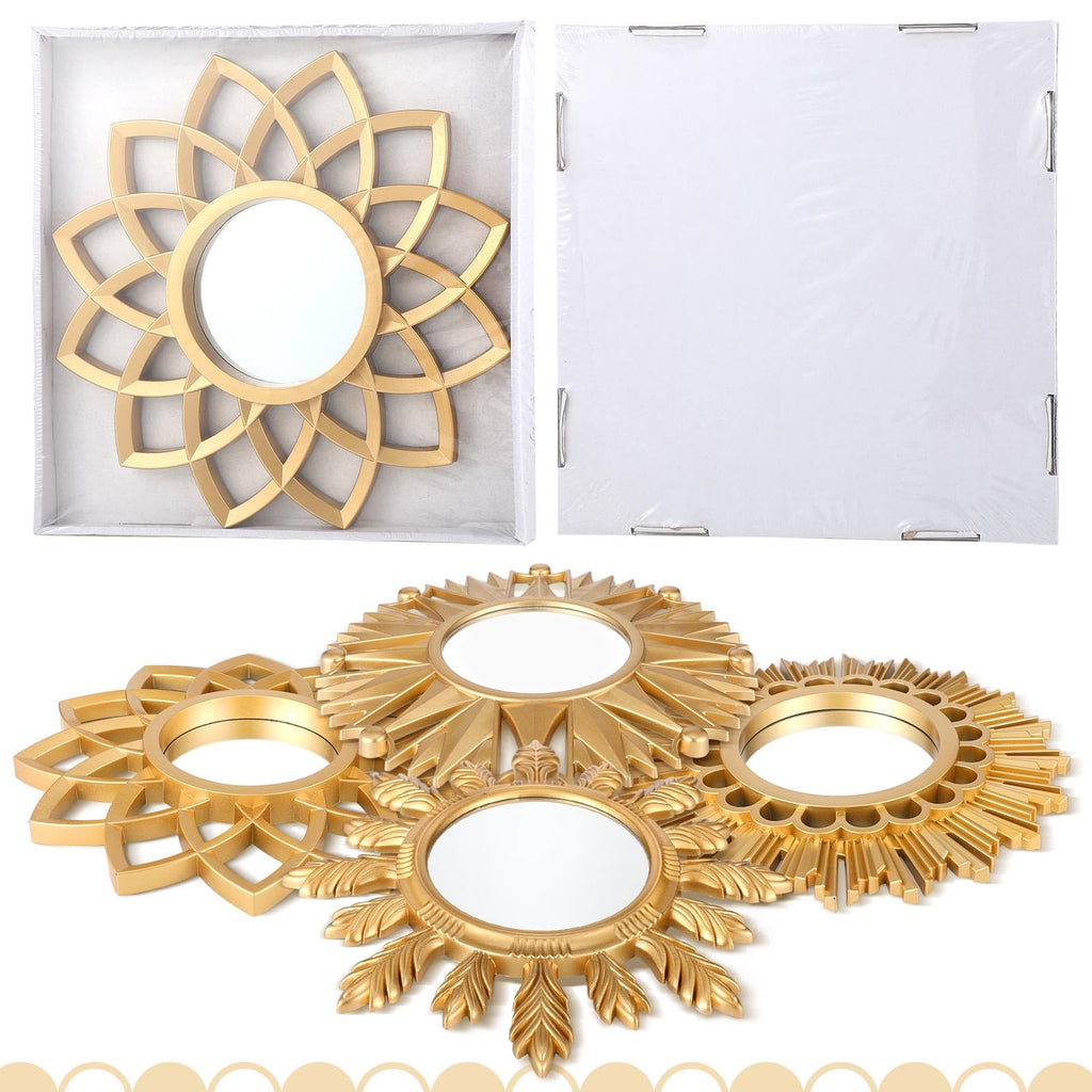 4 Pack Round Mirrors for Wall Sunburst Floral Home Decor, Gold