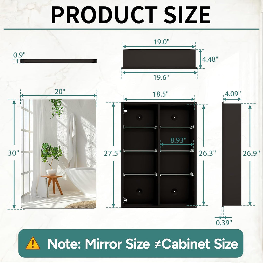 Medicine Cabinet 20x30 Inch, Bathroom Wall Mirror Cabinet with Storage, 6-Tier Adjustable Glass Shelving, Waterproof