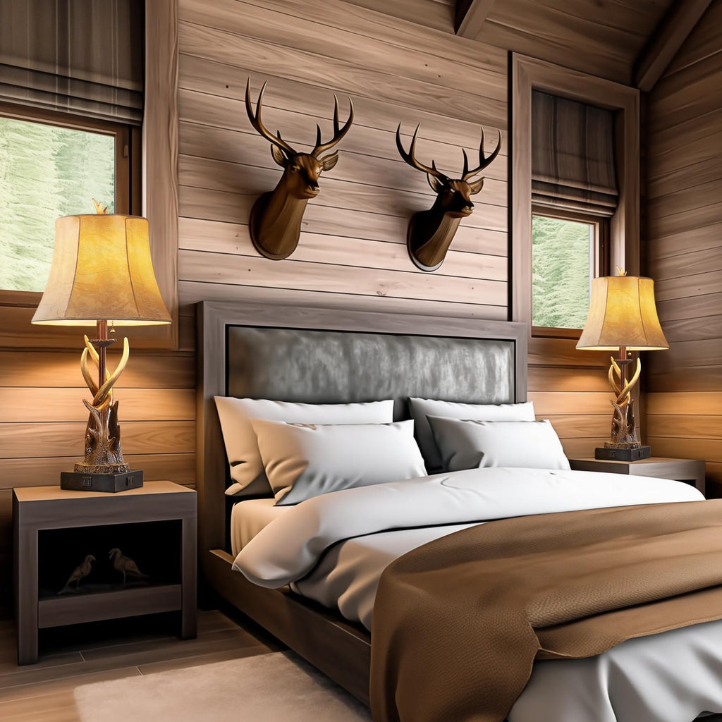 Antler Table Lamps Set of 2 with USB A+C Ports Farmhouse Deer Rustic Bedside Lamps with Faux Leather Bell Shade End