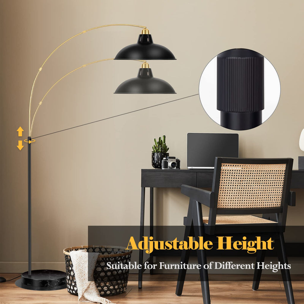 Modern Black Arc Floor Lamp with Marble Base, Adjustable 67-77"