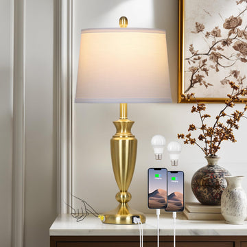 27" Gold Table Lamp Single, Touch Control Modern Bedroom Lamp with USB A+C Ports, 3-Way Metal Bedside Lamp, Elegant