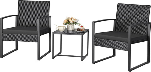 Greesum 3 Piece Wicker Conversation Bistro Sets Outdoor Patio Set Modern Rattan Chair Furniture Sets with Coffee Table