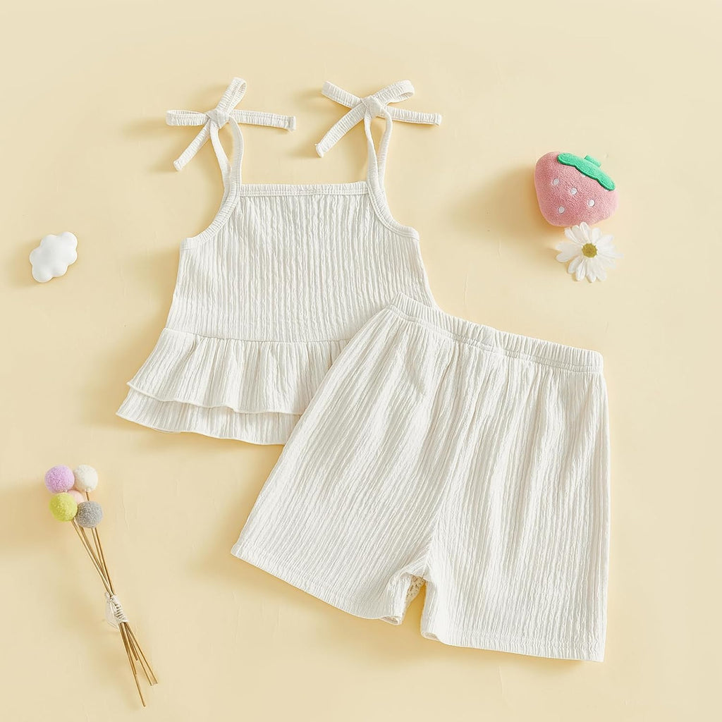 Toddler Baby Girl Summer Outfits Crochet Sleevless Ruffle Tank Top Dress and Bermuda Shorts Set Vintage Boho Clothes