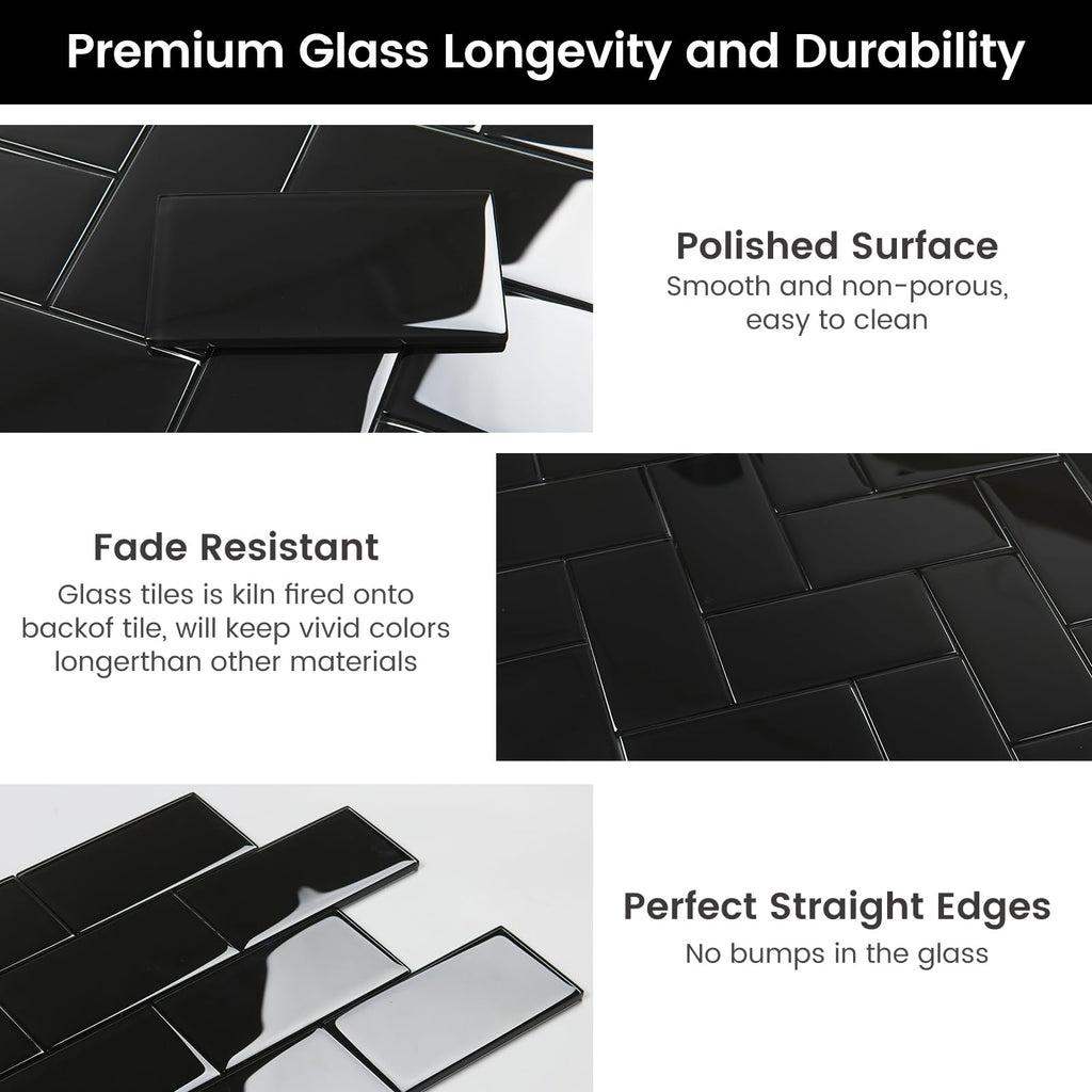 Glass Subway Tile Black 3 x 6 Inch Glass Backsplash Backsplash Bathroom Shower Wall Pack of 32 Sheets