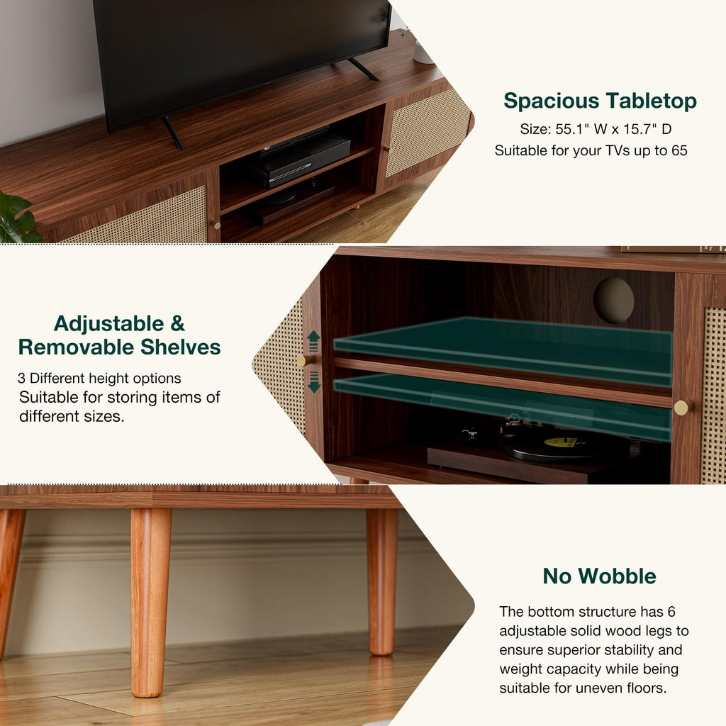 TV Stand with Rattan Doors for TVs up to 65", Mid-Century, Walnut