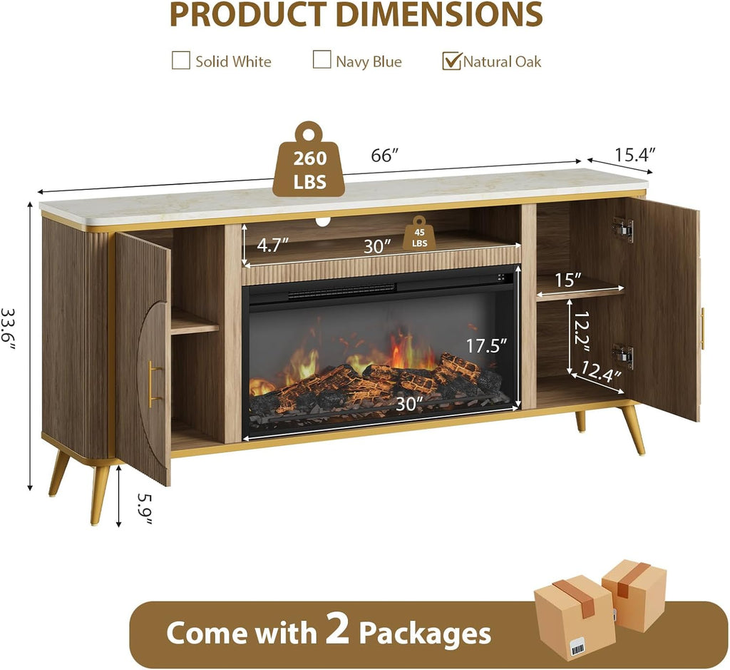 Fluted Fireplace TV Stand Up to 80" TVs, Modern Entertainment Center with 30" Electric Fireplace, Luxury Media