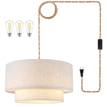 Plug in Pendant Light, 2-Tier Drum Linen Pendant Light with 18FT Woven Rope Cord, 18" Plug in Hanging Chandelier