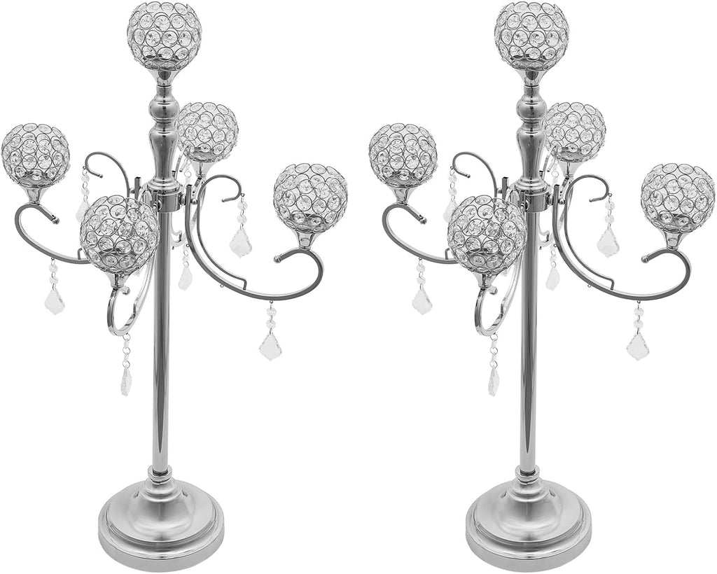 2 Pcs 5 Arm Gold Candelabra Centerpiece, 33 Inch Tall Crystal Candle Holder Centerpiece for Tables Elegant Metal