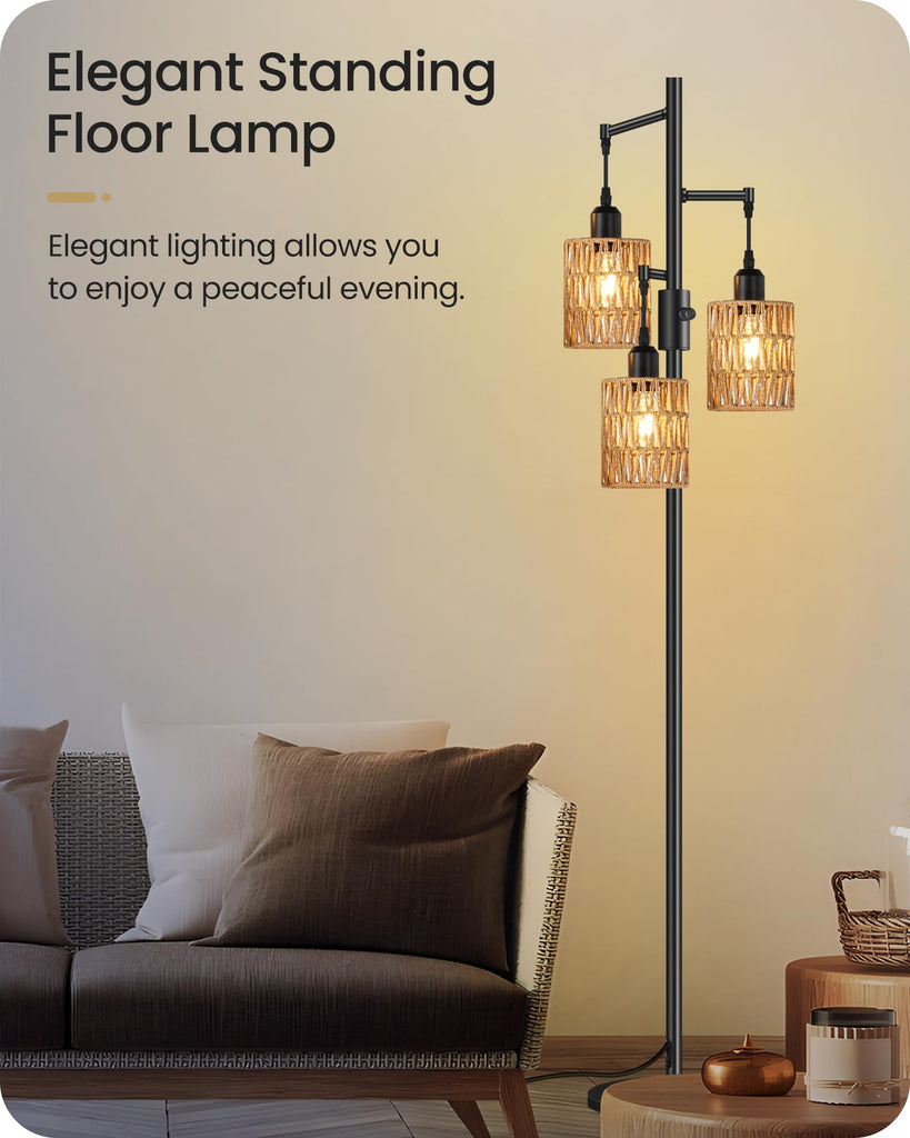Dimmable Floor Lamp, Farmhouse Tall Standing 70.3" Tree Lamp with 3 Rope Woven Lampshades, Boho Rattan Floor Lights