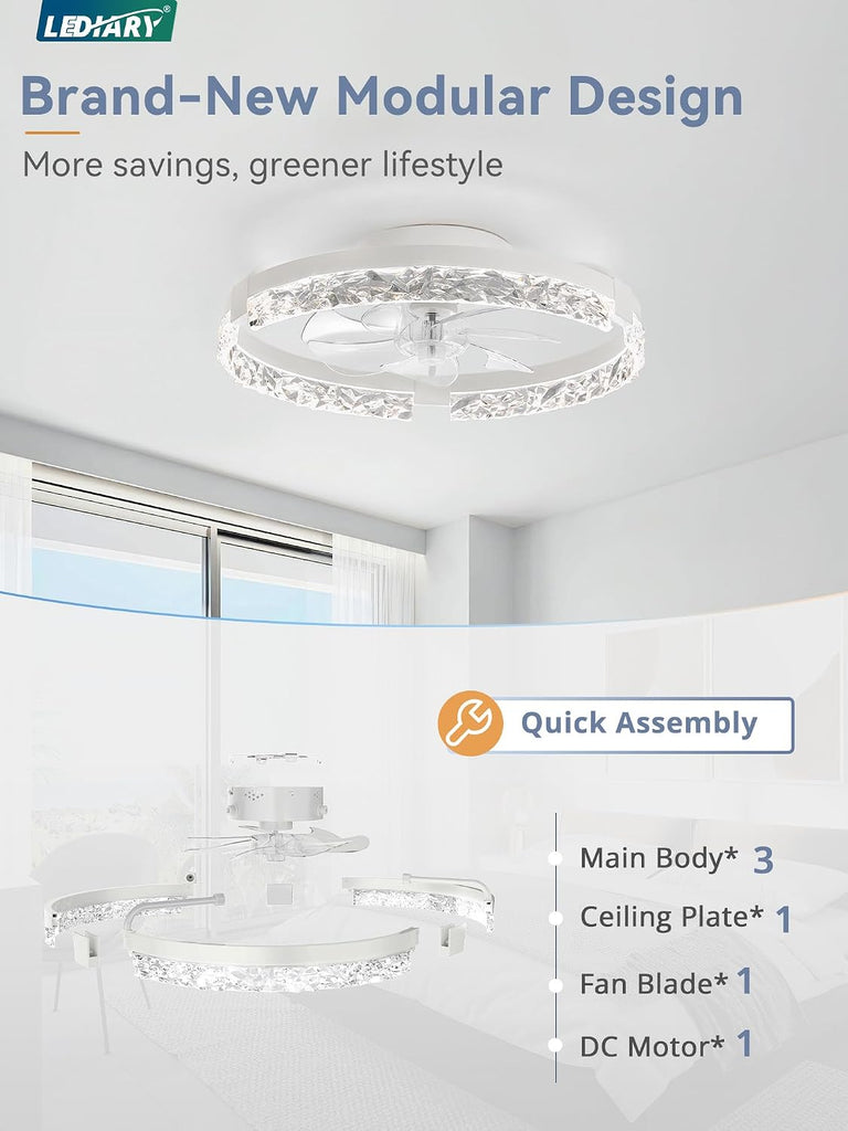 20 Inch Low Profile Ceiling Fans with Lights and Remote, Fandelier Ceiling Fan Flush Mount