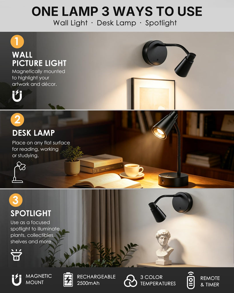 Picture Lights for Wall, 2 Pack 2500mAh Rechargeable Portable Magnetic Lamps with Flexible Gooseneck, Cordless LED