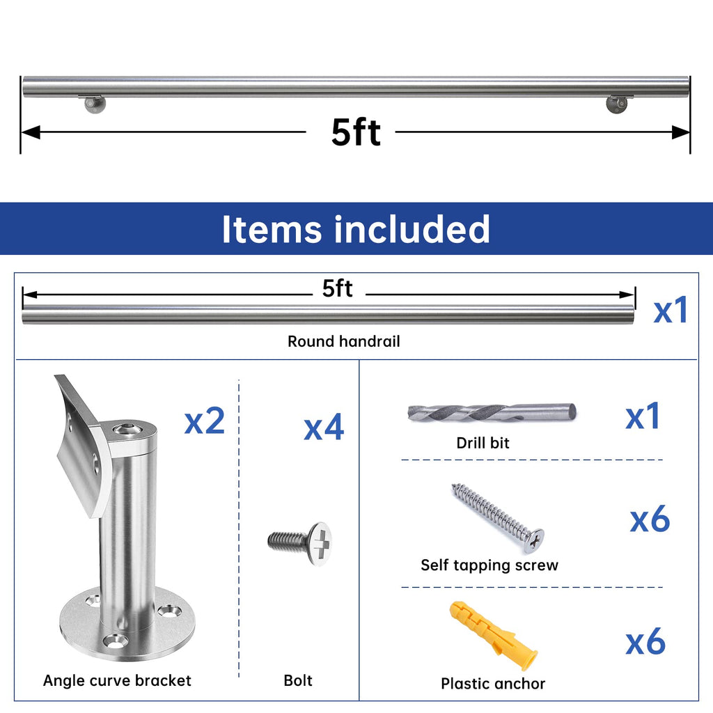 5FT Stainless Steel Pipe Handrail 2" OD Stair Railing HK27