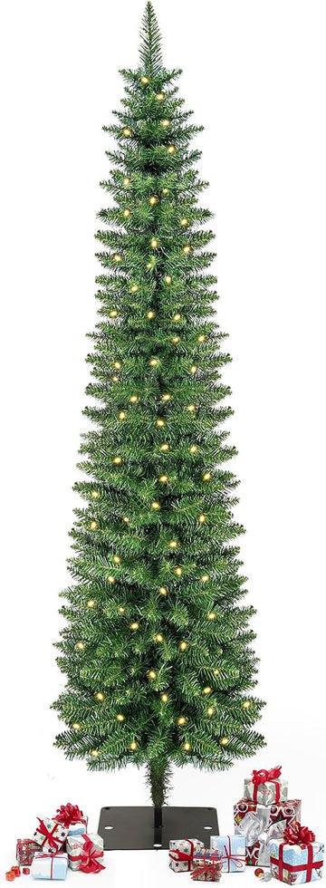 Green Pencil Artificial Christmas Tree Pre-Lit with Warm Lights, Slim Xmas Tree