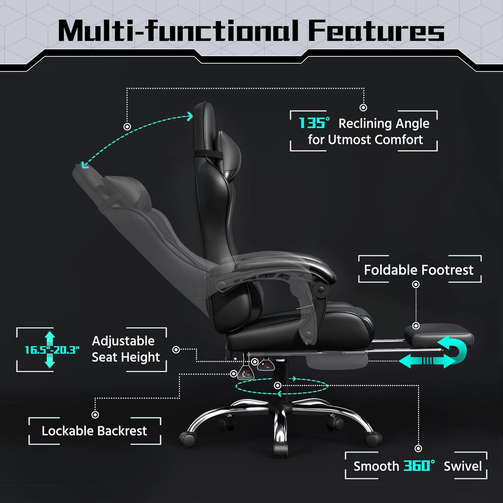 Gaming Chair with Footrest Massage Lumbar Pillow Reclining Black | Foam-padded PU leather racing seat and plush
