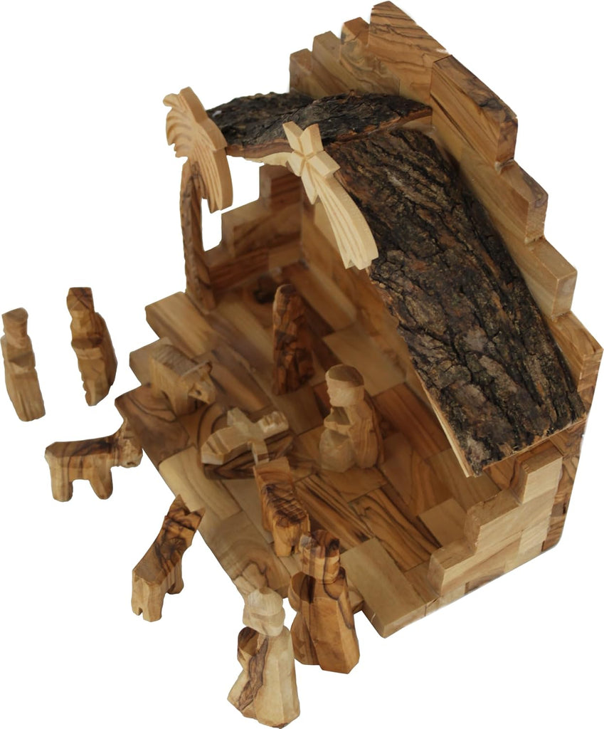 Land Market Olive Wood Nativity Set, 12 Piece with Stable, Bark Roof
