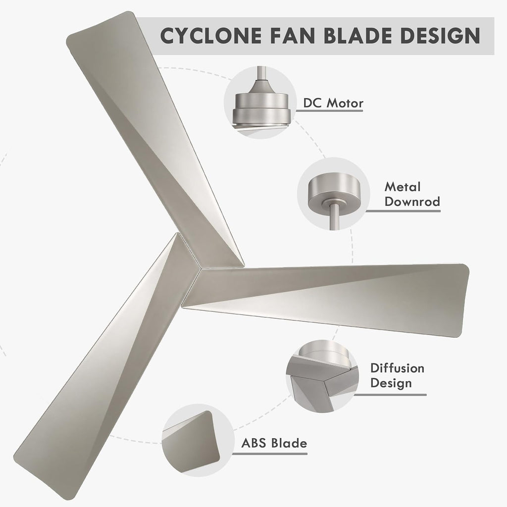 Inspired Adler Style 52" DC Ceiling Fan Without Light, 3 Sculpted ABS Blades, 6-Speed Remote - Brushed Nickel