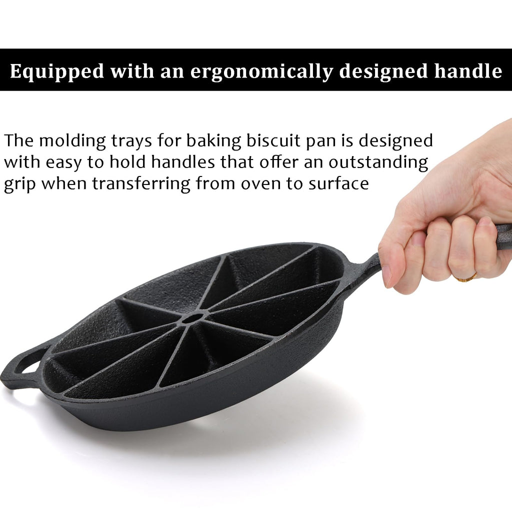 Cast Iron Wedge Pan, Round Corn Bread Skillet, 8-edges Biscuit Pan Mini Cake Pan with Long Handle for Scones, Corn
