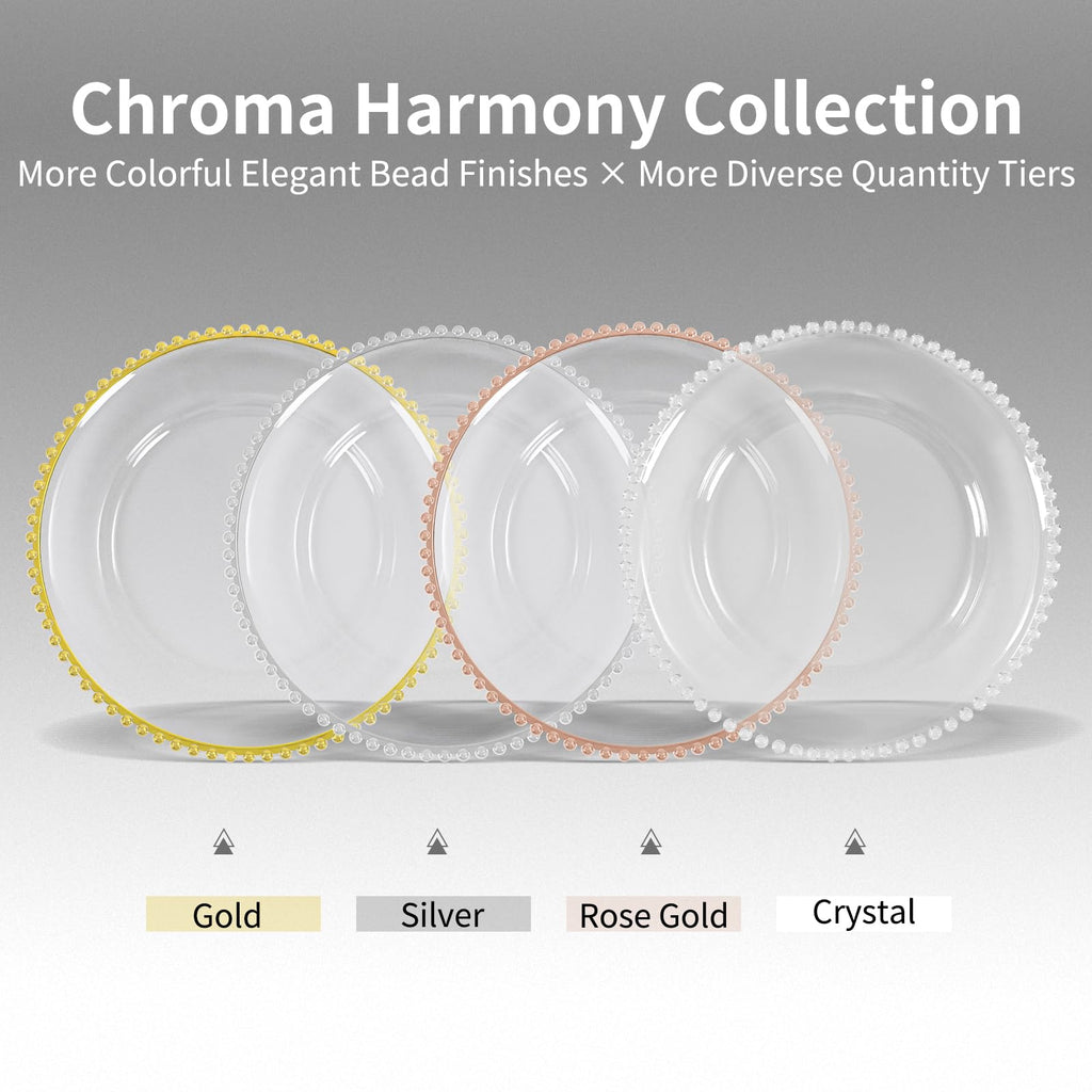 10Pcs Clear Charger Plates Bulk Wedding - 13" Premium Clear Plastic Chargers with Rose Gold Beaded Rim, Decorative
