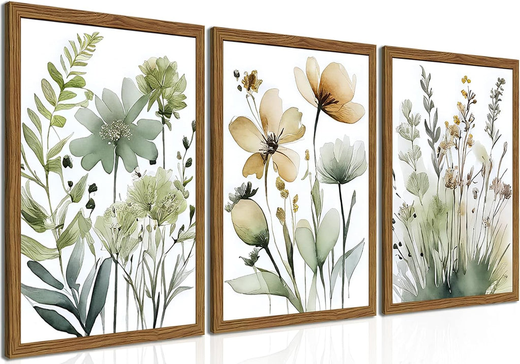 Wood Framed Sage Green Botanical Wall Art Set of 3, Boho Floral Canvas Wall Decor Paintings, Minimalist Flower