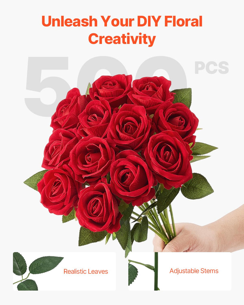 Artificial Flowers, 500 pcs Real Looking Red Foam Fake Roses Bulk, Faux Red Bridal Shower with Stems for DIY Wedding