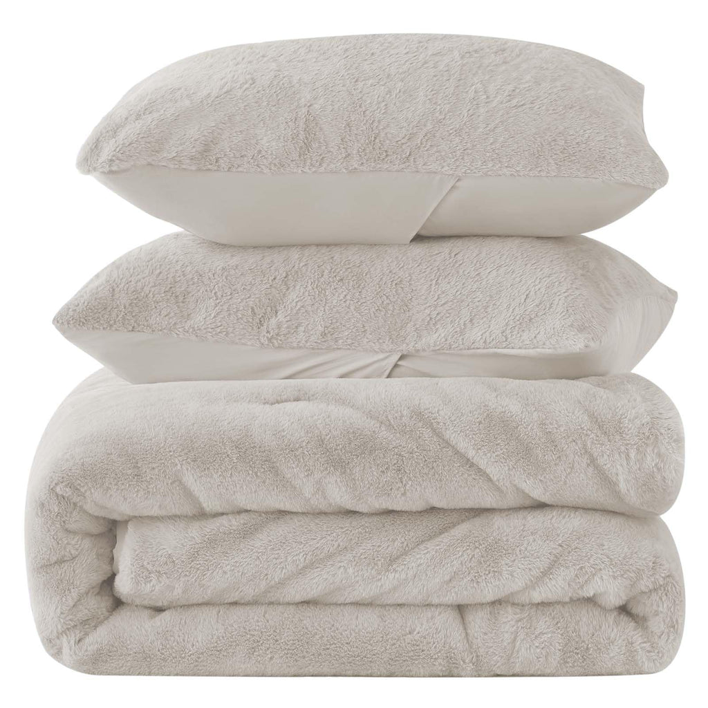 Faux Fur Comforter Set Linen, Warm Bedding with 2 Pilowcases