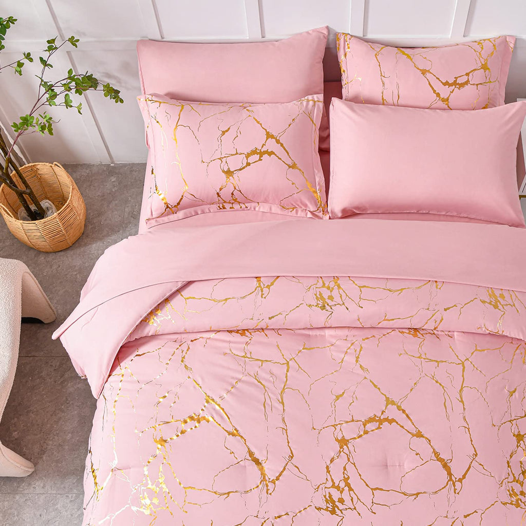 Gold Metallic Marble Comforter Set Queen Size, 7 Piece Bed in a Bag, Foil Print Glitter Pink Comforter and Sheet