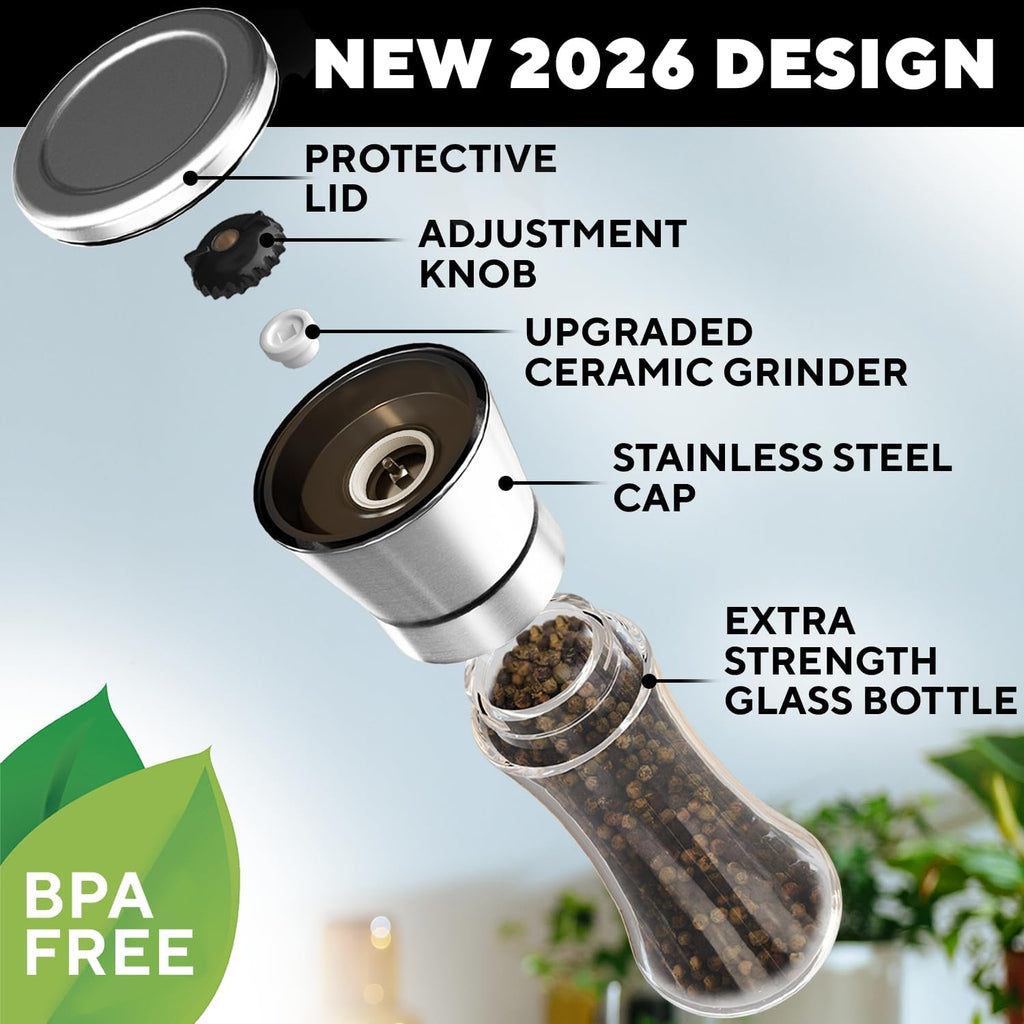 Manual Salt and Pepper Grinder, Refillable Stainless Steel Mills - Set of 2