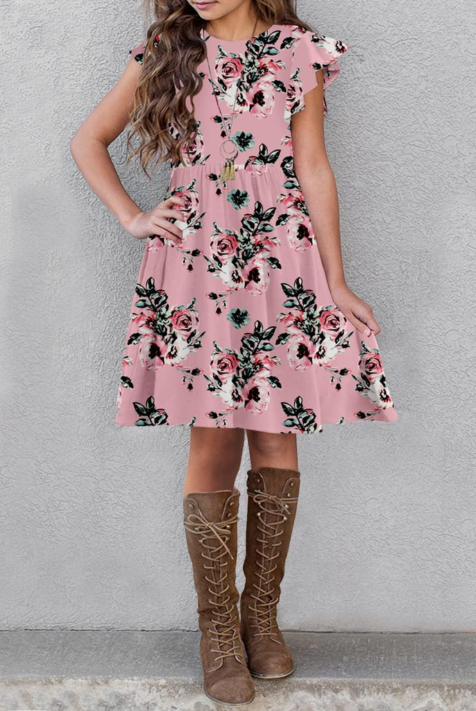 Girls Floral Dress Boho Ruffle Sleeve Pleated Casual Swing Dress