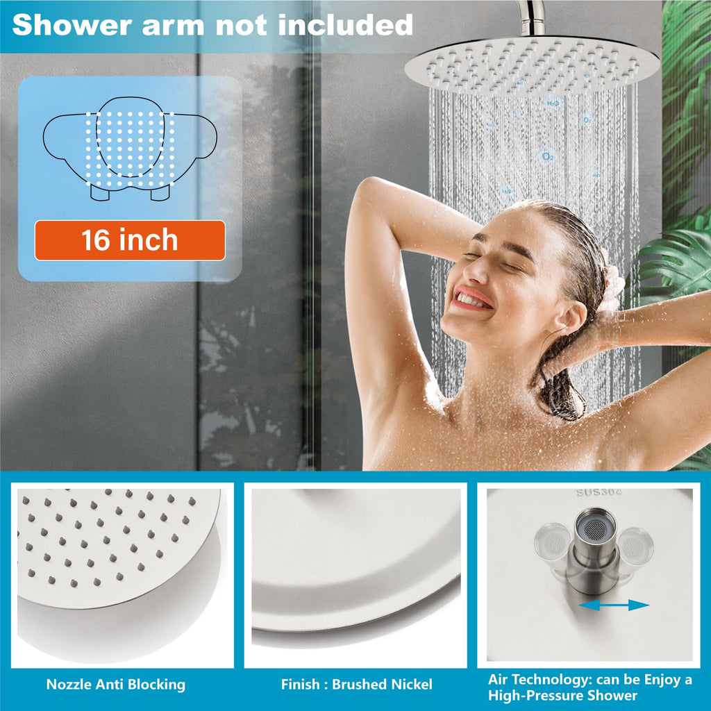 Round Rain Shower Head, High Pressure, Brushed Nickel 16 Inch