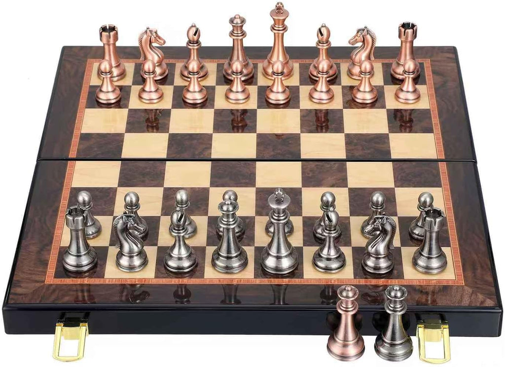 Luxury Metal Chess Set with 15 Inch Wooden Chess Board | Weighted Metal Chess Pieces | 2 Extra Queens | Professional