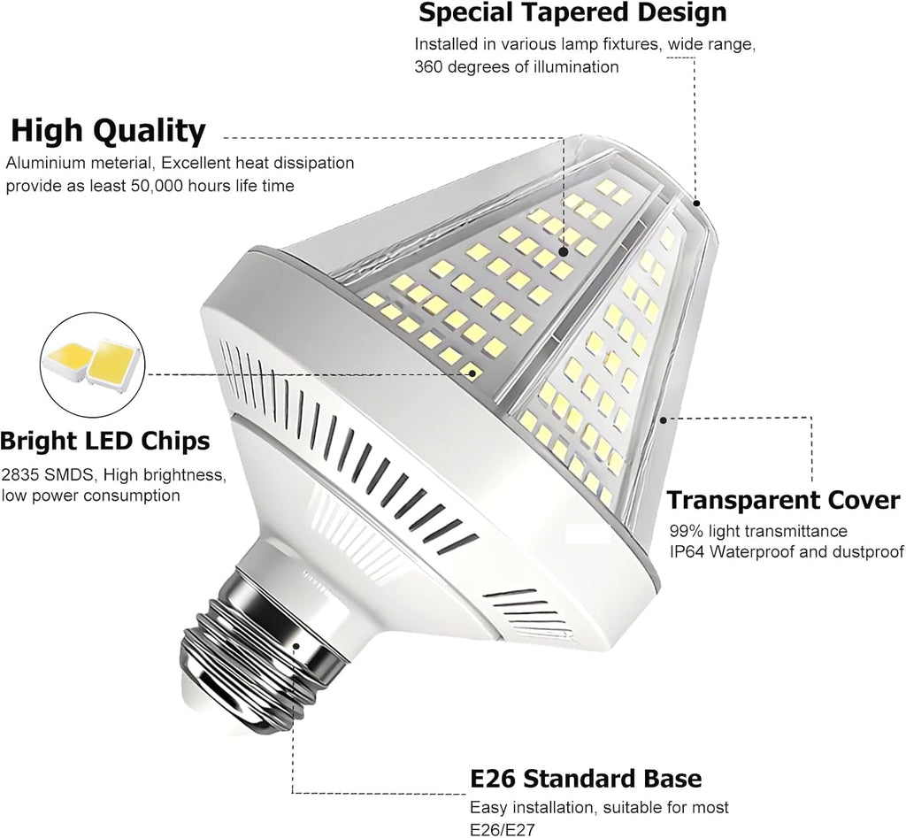 6000 Lumen LED Corn Cob Light Bulb, 40 watt, 400 watt Equivalent, 5000K Daylight Light, E26 E27 Base, Garage Light