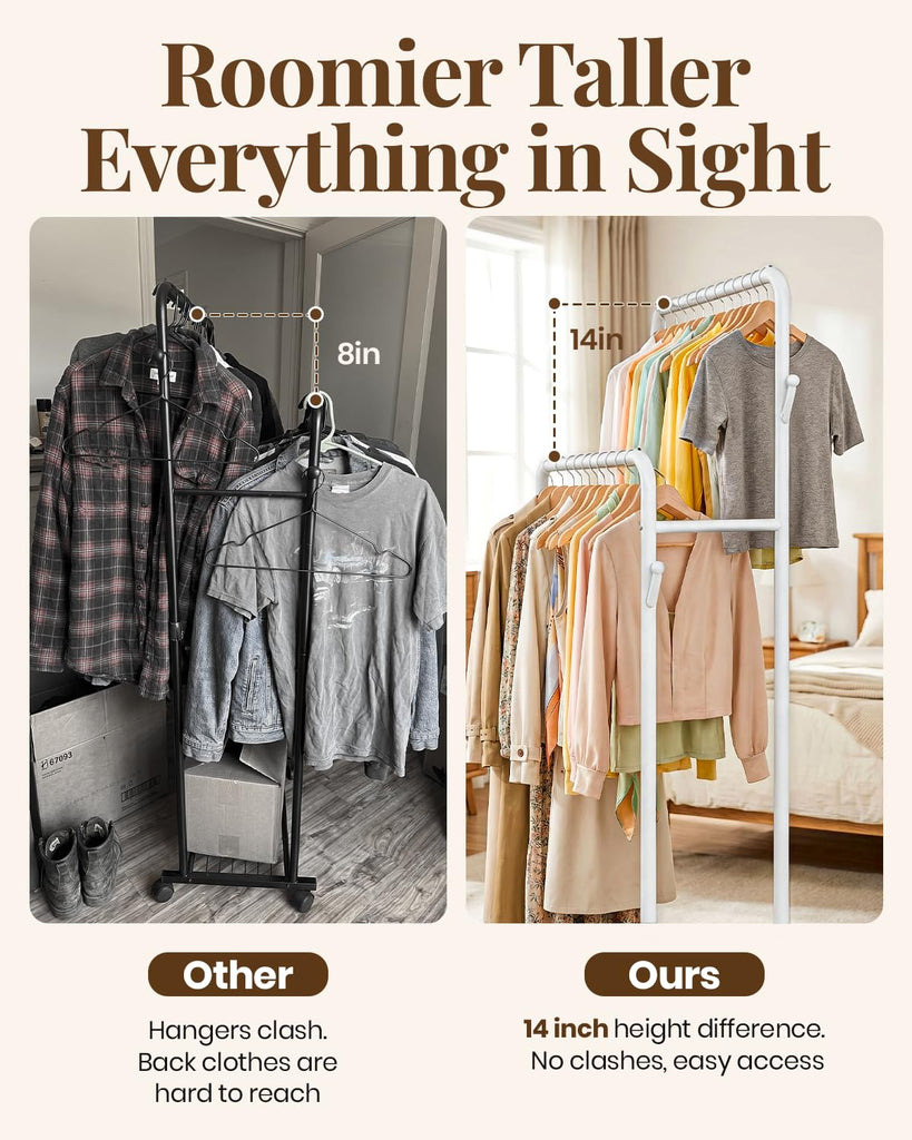Double Rods Clothing Rack for Hanging Clothes, Portable Wardrobe Closet Rack, Metal Garment Rack with Rolling Wheels
