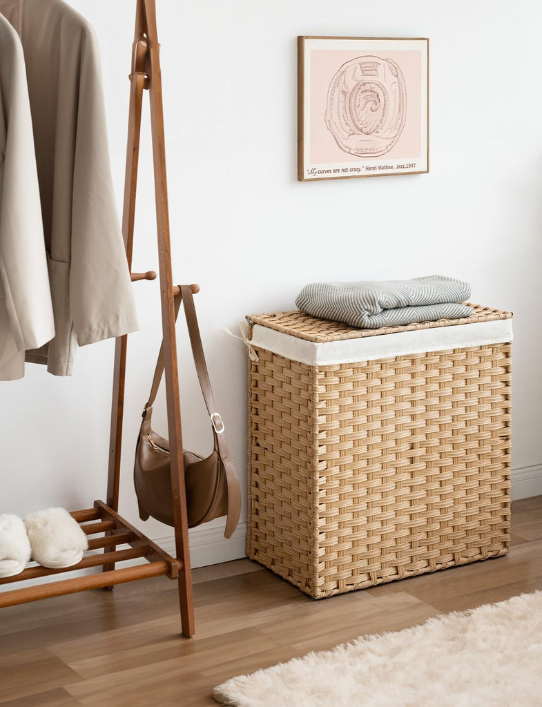 Laundry Hamper with Lid, 90 L Rattan Clothes Laundry Basket with Lid and Handles, Foldable Clothes Hamper, Removable